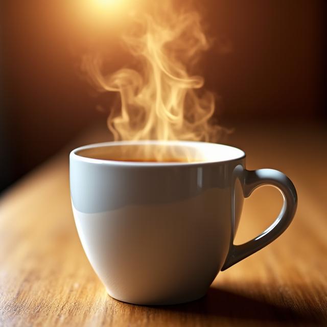 A freshly brewed cup of coffee on a wooden table with steam rising.
