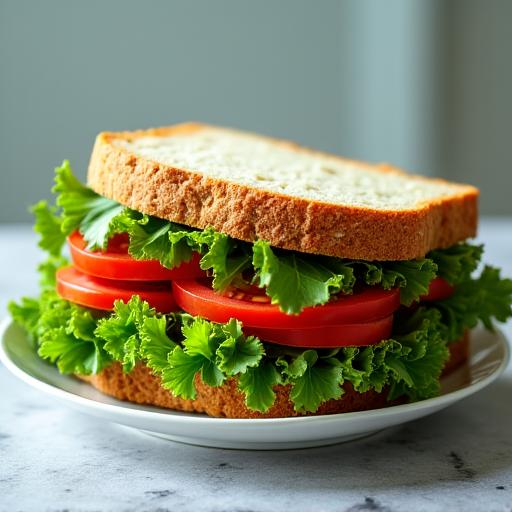 A healthy sandwich with fresh greens and tomato.